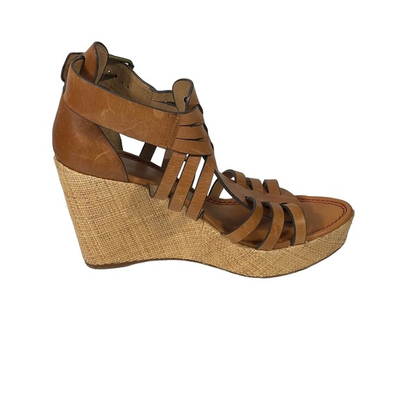Trask Brown Saddle Leather Strappy Burlap Platform Heel Wedge Sandal Sz 9 - Picture 4 of 10